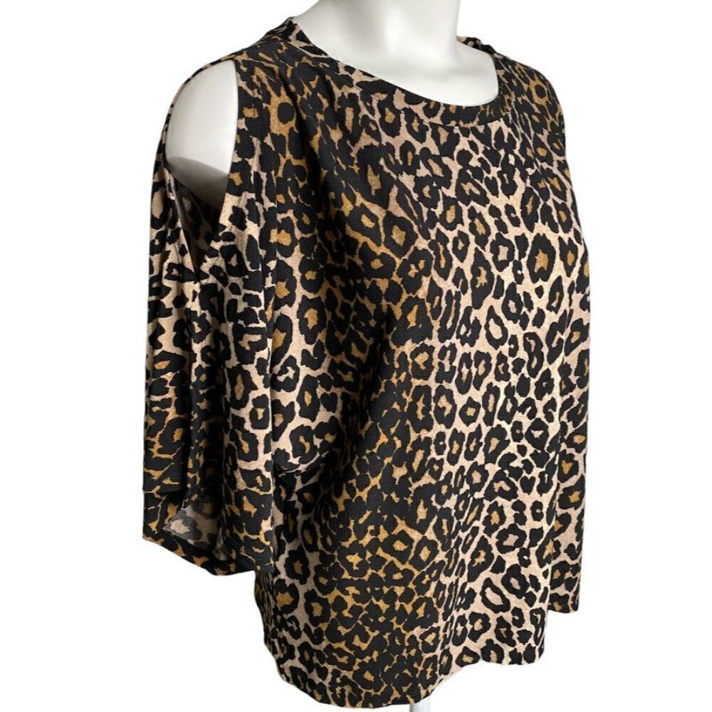 RACHEL ROY Brown Black Leopard Print Split Dolman Sleeve Stretch Top Sz Small‎